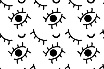 Cute cartoon eyes, smile, face black outlines on the white background. Seamless vector pattern for design and decoration.
