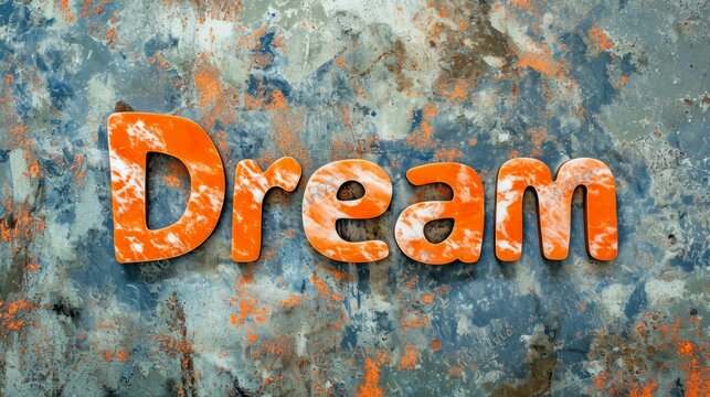 Orange Marble Dream concept creative horizontal art poster. Photorealistic textured word Dream on artistic background. Horizontal Illustration. Ai Generated Imagination and Fantasy Symbol.