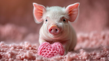 small cute pink pig holding a heart on a blurred background, valentines day, love, symbol, postcard, february 14, piglet, animal, character, illustration