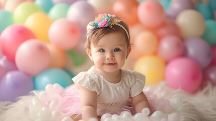 Obraz na płótnie Canvas Adorable baby model girl with flower and balloons. Pastel pink background cute infant studio shot portrait for birthday or festive holiday season.