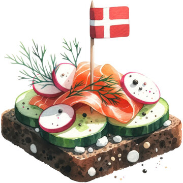 Smørrebrød, A delightful breakfast smørrebrød with a tiny Denmark flag on a toothpick, PNG Clipart, High Quality Transparent Backgrounds