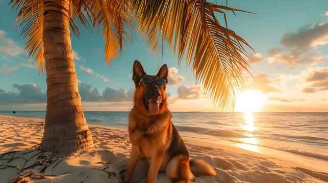 German Shepherd dog on the beach, wearing sunglasses, palm tree and beautiful sunset at background, summer holiday travel concept