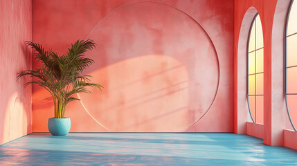Modern Coral Room with Blue Floor and Palm Plant in a Pot by Arched Windows with Sunset View