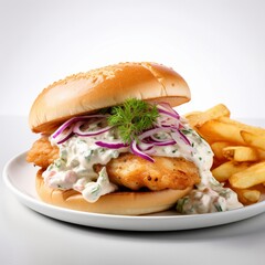 Dive into the oceanic flavors of a fish burger topped with crisp coleslaw and zesty tartar sauce. Displayed on a white background, this burger offers a refreshing and seafood-inspired delight.