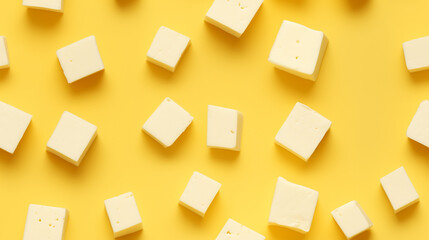 Pieces of feta cheese on yellow background. Seamless pattern, copy space.