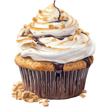 S'mores Cupcake, A Realistic Watercolor painting of a S'mores Cupcake with some marshmallow frosting and graham cracker crumbs and cake decoration, PNG Clipart, High Quality Transparent Backgrounds