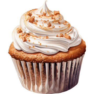 S'mores Cupcake, A Realistic Watercolor painting of a S'mores Cupcake with some marshmallow frosting and graham cracker crumbs and cake decoration, PNG Clipart, High Quality Transparent Backgrounds