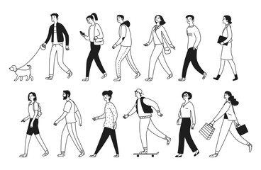 Fototapeta na wymiar People walk and do things. Men, women and teenagers are walking, skateboarding, walking the dog, looking at the phone. Vector illustration isolated in doodle style