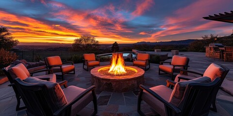 Luxurious chairs and cozy fire pit at a breathtaking sunset