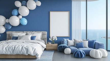 Mediterranean penthouse bedroom, king-size bed, sea-inspired decor, blank frame on ocean blue wall, Mediterranean sofa, blue and white balloons, seaside view 8k