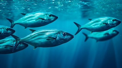 Fish in the blue ocean. Group of marine life swimming together.