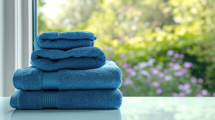 Stack of blue towels on the table with garden view - obrazy, fototapety, plakaty