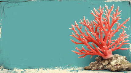Fototapeta na wymiar Vibrant Red Coral Art Piece on Teal Background - Aesthetic Marine Decor