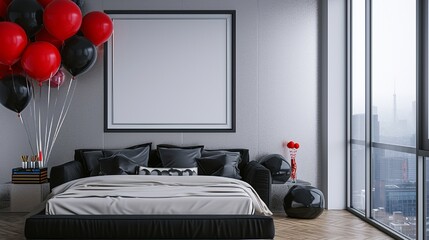 High-end urban bedroom, king-size bed, city chic, blank frame on platinum wall, urban luxury sofa, black and red balloons, metropolitan view 8k