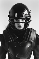 Female american football player wearing shoulder pad and helmet