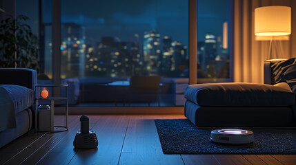 Uma sala de estar moderna e elegante é iluminada por suave iluminação ambiente projetando um caloroso brilho convidativo