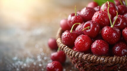 Fresh cherries in a basket - obrazy, fototapety, plakaty