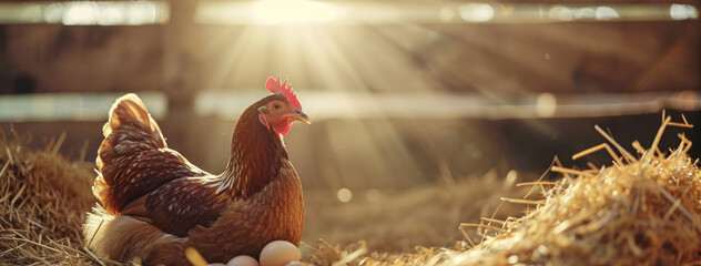 A brown hen sits on eggs amidst hay with sunlight streaming through the barn. Banner.