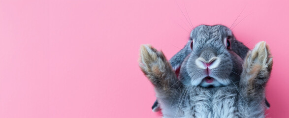 Cute grey rabbit lying on back on pink background, fluffy ears, playful posture, animal antics, bunny paws up, adorable pet, whiskers detail, comical position, close-up shot, space for text. - obrazy, fototapety, plakaty