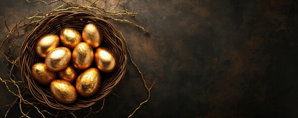 Golden eggs in a wicker basket on a dark rustic background, symbolize wealth, luxury, and potential...