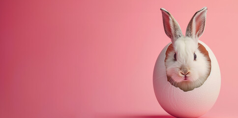 Obraz premium White rabbit peeking out of an eggshell against a pink background, symbolizing Easter, new beginnings, and springtime celebration. Easter concept. Banner with copy space.