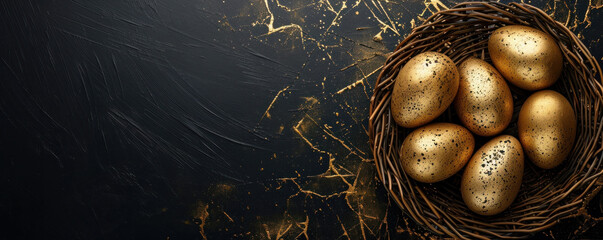 Golden speckled eggs nestled in a dark wicker basket on a black marbled background with luxurious gold streaks, symbolizing wealth and prosperity. Easter concept. Banner. - Powered by Adobe