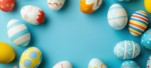 Colorful Easter eggs are scattered on a bright blue background, symbolizing springtime and holiday celebrations. Easter concept. Banner.