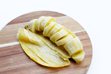 Banana slices on white background.