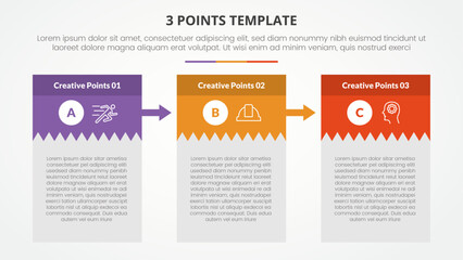 3 points stage template infographic concept for slide presentation with creative box table with big header and arrow with 3 point list with flat style