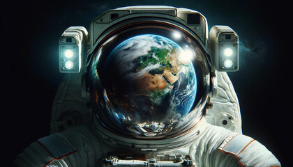 Astronaut in a space suit, with a striking reflection of the Earth in the visor of the helmet