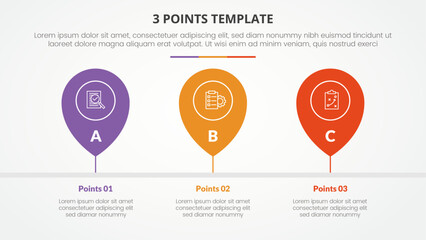 3 points stage template infographic concept for slide presentation with pin tagging location timeline horizontal with 3 point list with flat style