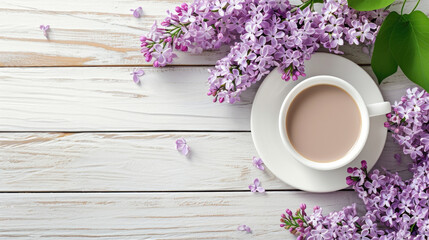 Fototapeta na wymiar Cup of tea or coffee and lilac spring flowers on wooden table top view with copy space