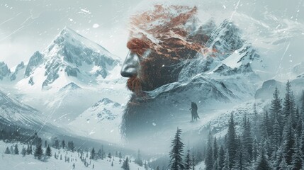 illustration of a snowy mountain with a man between it generative ai