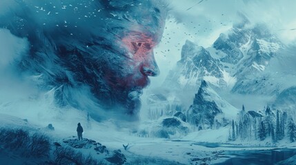 illustration of a snowy mountain with a man between it generative ai