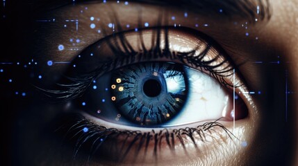 Fototapeta premium Closeup of a tired and strained eye staring at a screen, exemplifying the strain and exhaustion that comes from spending long hours in front of a computer for distance learning.