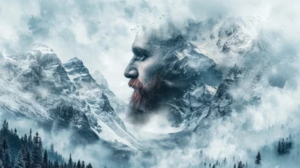 Fotobehang illustration of a snowy mountain with a man between it generative ai © Francheska