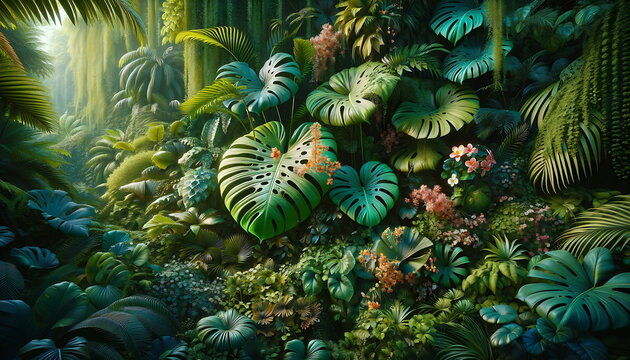 A tropical botanical scene, abundant in various shades of green, featuring a diverse array of foliage and flowers, with a special focus on the iconic Monstera plant. Nature wallpaper background