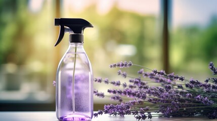 Closeup of a reusable glass spray bottle filled with allpurpose cleaner, featuring a sprig of fresh...