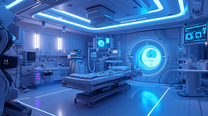 Um moderno e elegante centro médico é o cenário de uma cena de maravilhas tecnológicas  O suave zumbido de máquinas avançadas enche o ar misturando-se com o suave bip dos monitores - obrazy, fototapety, plakaty