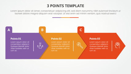 3 points stage template infographic concept for slide presentation with big arrow rectangle shape right direction with 3 point list with flat style