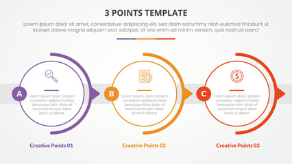 3 points stage template infographic concept for slide presentation with big outline circle horizontal right direction with 3 point list with flat style