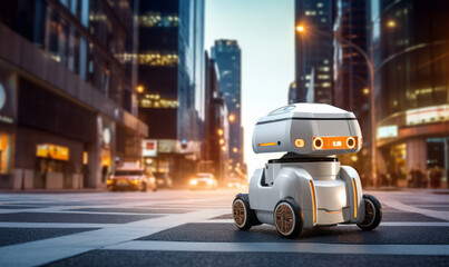 An automated intelligent vehicle, a modern intelligent delivery robot, stands on a crosswalk against the urban backdrop. Generative AI