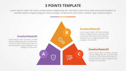 3 points stage template infographic concept for slide presentation with triangle cycle circular slice divide and circle badge with 3 point list with flat style