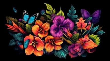 Colorful exotic flowers and butterflies separated on Ai Generative