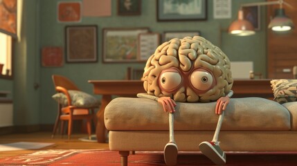Animation of a human brain looking tired and sleepy, on a piece of furniture. generative ai