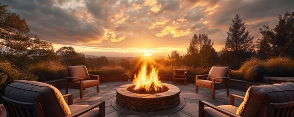 Luxurious chairs and cozy fire pit at a breathtaking sunset - Powered by Adobe