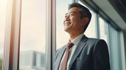 Fototapeta premium Asian middle age business man looking at the window 
