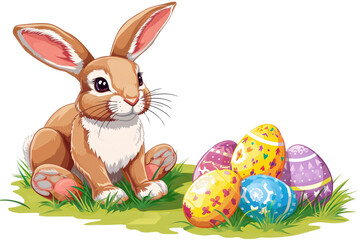 Easter bunny with colorful eggs watercolor clipart
