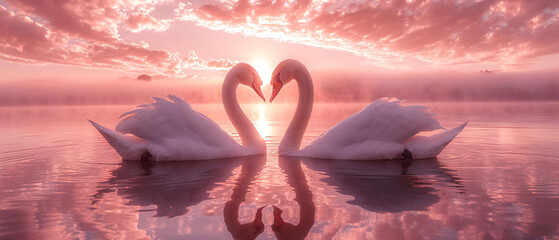 Valentines day card with two swans creating a heart shape on a pink cloudy lake and bokeh background. Love concept