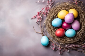 Fototapeta na wymiar Happy Easter day decoration colorful eggs in nest on paper background with copy space - generative ai